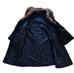 Vintage Black Persian Lamb & Mink Belted Genuine Fur Coat Curly Embroidered 38″