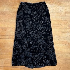 Vintage Black Floral Burnout Crushed Velvet Maxi Skirt Size Small 27″ Waist 90s