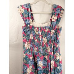 Vintage Handmade Tropical Floral Hawaiian Dress Sz M Pink Blue Smocked Vacation