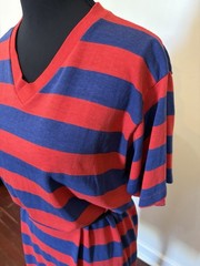 Diplomat 1980s Vintage Red/Blue Striped Shift Dress, Polyester/Cotton, Medium