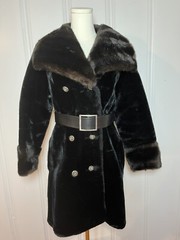 Vintage Sears Fashions Fur Coat Size 10 Black With Brown Collar Belted FAST SHIP
