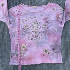 VTG Y2K Studio Gem Tea Time Graphic Top Pink Watercolor Rhinestone Fairycore L