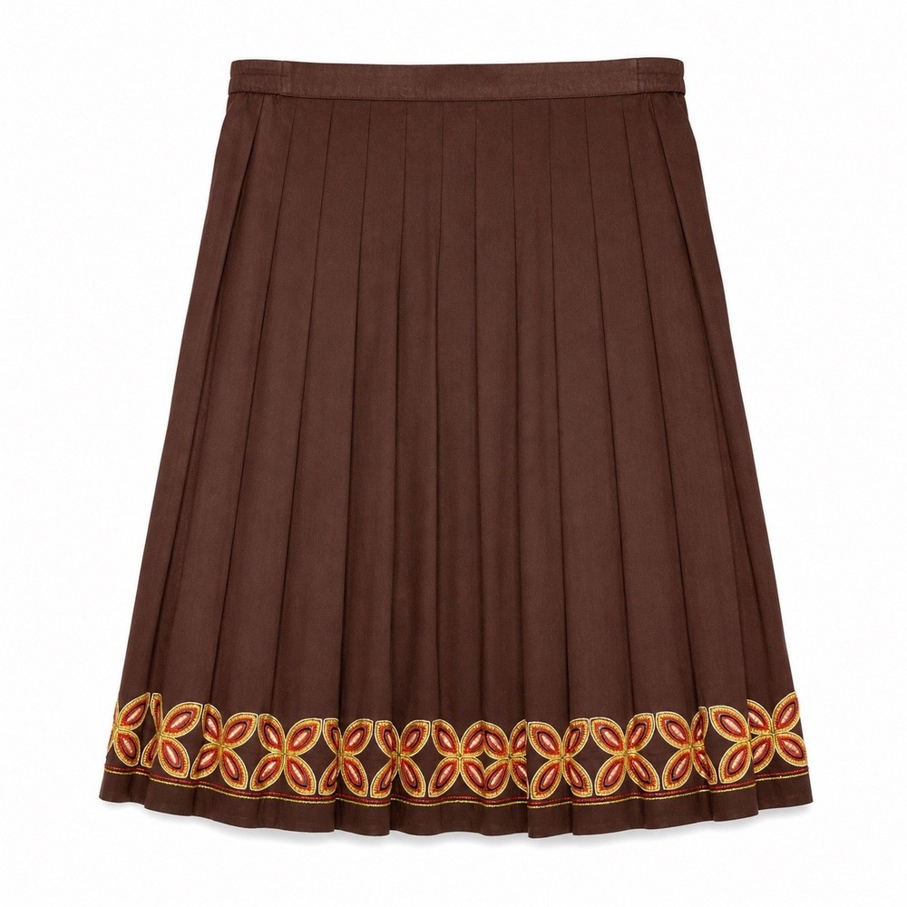 Vintage Tommy Bahama Boho Pleated Embroidered Midi Skirt Brown Size 12