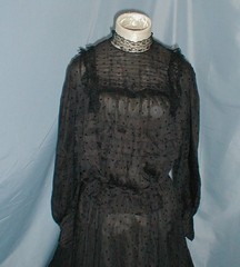 Antique Evening Dress Victorian 1890 Black Dotted Silk Lace Trim