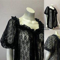 VTG 1960s Black Sheer Lace Baby Doll Nightgown Lingerie Mini Puff Sleeves S-L