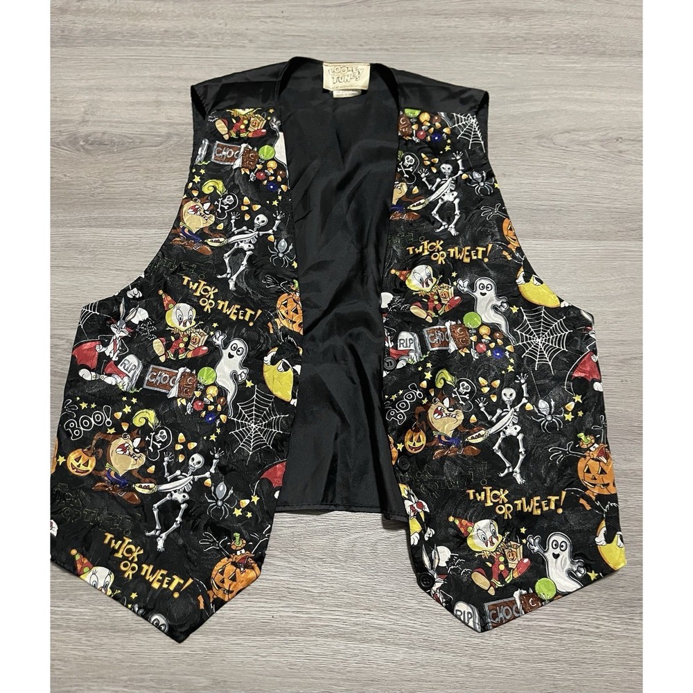 VTG 1994 Looney Tunes Tapestry Art Button Black Vest One Size Fits Most