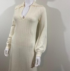 Wenjilli Vintage Knit Long Sleeve Cream Maxi Belted Sweater Dress