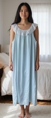 Vintage GILEAD Nightgown Large Blue Lace Trim Pullover Full Length Sleeveless