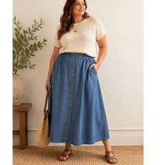Vintage Denim Republic Denim Midi Skirt 22W Elastic Waist Button Front Pockets