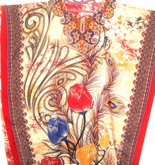 Vintage Long Silky Tulip -& Roses Lagenlook Loose-fitting Short-Sleeve Kaftan L