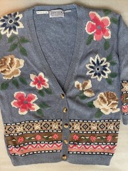 Y2K JANTZEN CLASSICS, RAMIE COTTON KNIT BLUE CARDIGAN HAND STITCHED FLOWERS, EUC