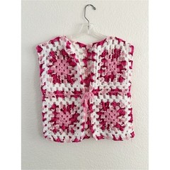 Handmade Crochet Granny Square Vest Size M Pink White Boho Tie Front