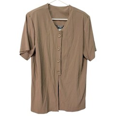 Southern Lady 12 Brown Short Sleeve Blouse Button Front Textured V-Neck Vintage