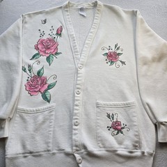 Vtg 90s Rose Floral Sweatshirt Cardigan Grandmacore Cottagecore USA OSFA Medium
