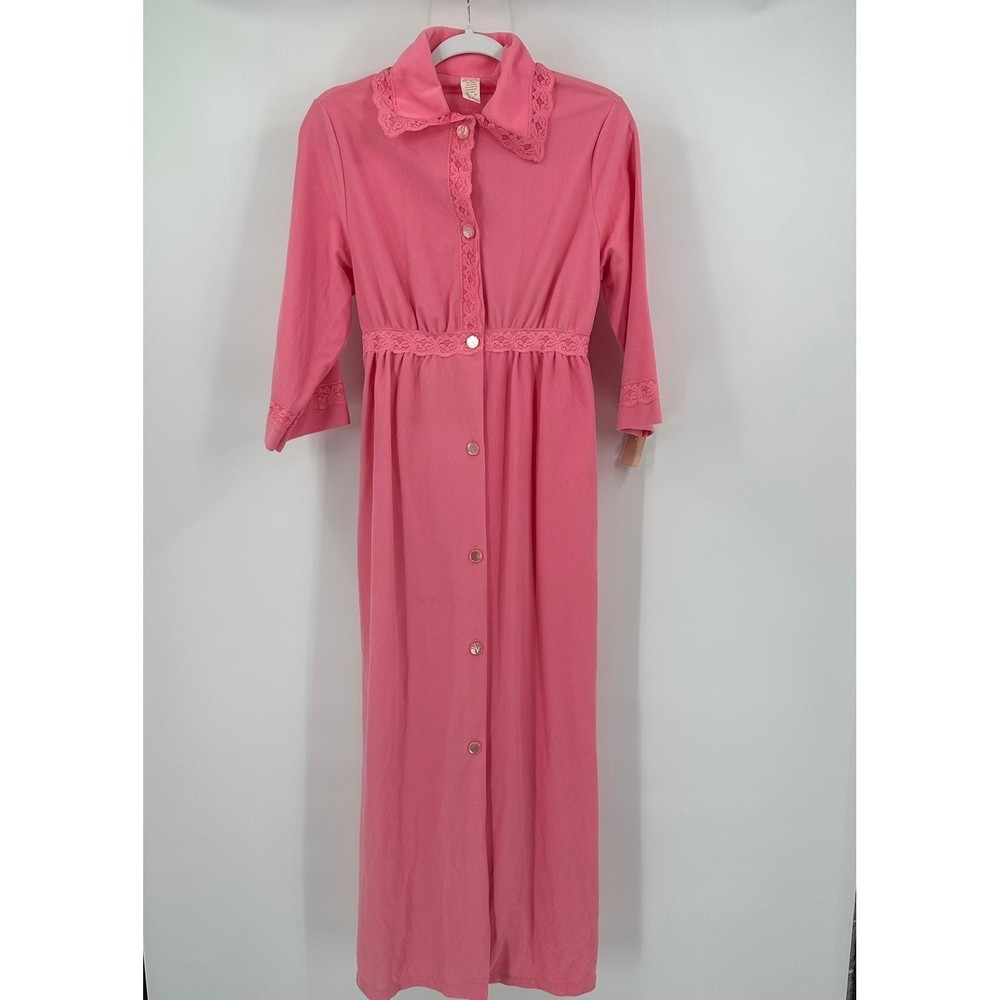 Texsheen Womens Vintage Mod Robe Housecoat Size M Pink Lace Trim Peignoir Long