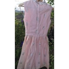 Vtg 80s Pink Silver Floral Empire Layered Taffeta Women’s XS S O USA Short Dress