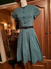 VINTAGE 50,s, 60,s MODE O’DAY SHIRT DRESS IN TURQUOISE W/ BLACK STRIPES,TRIM.