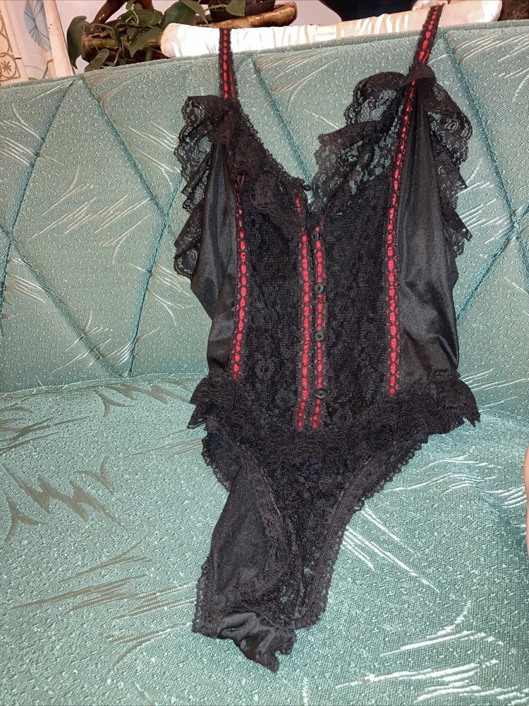 Vintage Delicates Black One Piece Teddy Body Suit Romper Black Lace Medium Red