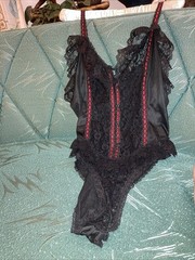 Vintage Delicates Black One Piece Teddy Body Suit Romper Black Lace Medium Red