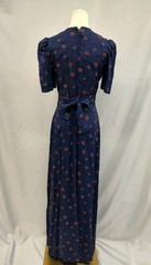 80’s Vintage Maxi Dress Strawberry Flocked Print Navy Sweetheart Neckline Long S