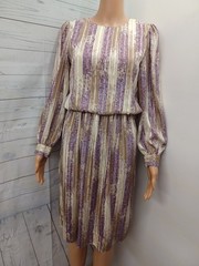 Vtg Warren Dress Striped Silky Long Sleeves Secretary Petite Sz 4 / 4P