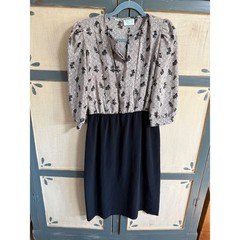 Vintage Lady Carol Petites Dress 12 Black Tan Floral Geometric 80s Secretary