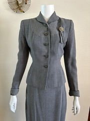 1940s 3pc Skirt Suit Set Nipped Waist Blazer Jacket Pinstripe Bib Rhinestone VTG