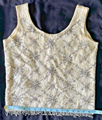 VTG 60’s Ivory Sequin&Beaded Sleeveless Cocktail Top~Tasseled Hem~Back Zip~Sz 12