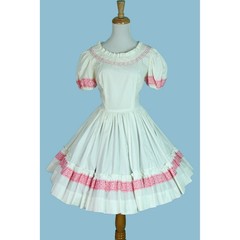 Vintage 70s White Cotton Summer Dress with Pink Trim (Size XS/S)