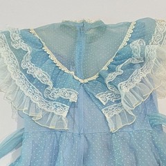 Vintage 70s Prairie Maxi Dress Blue Swiss Dot Lace Ruffle Trim High Neck Size 3