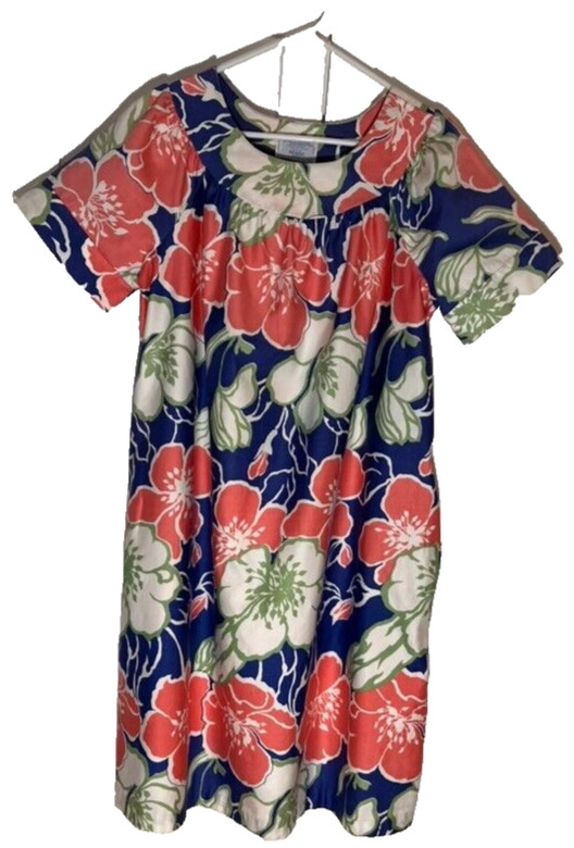Sears Vintage Cotton Hawaiian Print Short-Sleeve Muumuu Midi Womens M 12-14