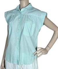 Vintage 80s Linnay Blue/White Check Cap Sleeve Button-Down Womens Shirt