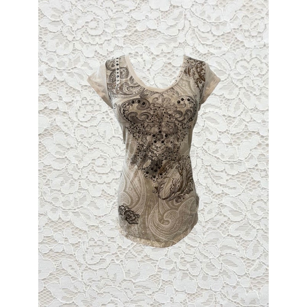 vintage cyber y2k embellished cross & paisley patterned graphic short sleeve top