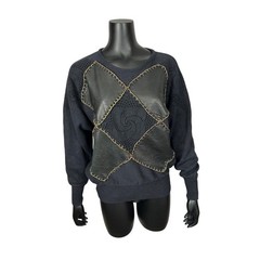 Andriano Black Sweater Patchwork Argyle Faux Leather Women’s Small Vegan Vintage