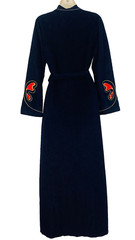 Vintage 1970s long black robe embroidered red butterfly wrap sleeve velvet dress