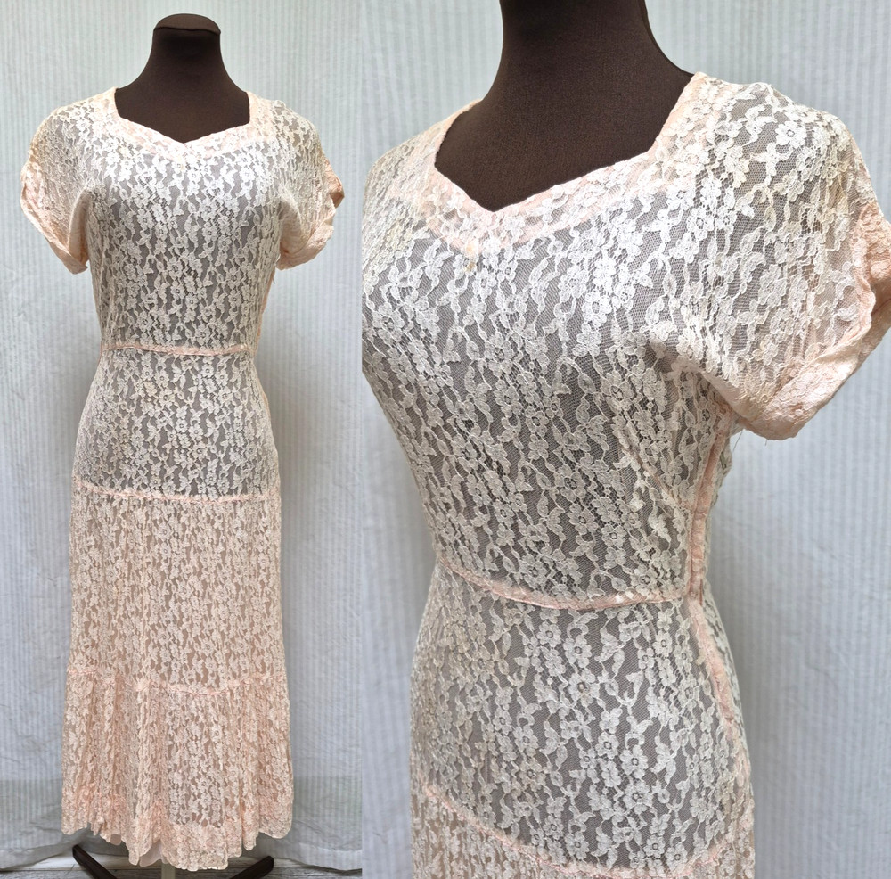BEAUTIFUL Vintage 1930/40s La Rose Peachy Pink Sheer Lace Dress – Size XS