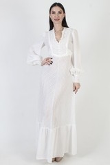Vtg 70s White Seersucker Dress Victorian Peasant Lace Prairie Boho Wedding Gown