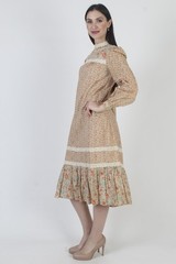 Vtg Autumnal Calico Prairie Dress Crochet Lace Cottage Peasant Country Midi