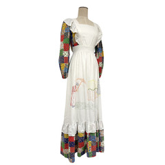 Vintage 1970s Vicky Vaughn Patchwork Umbrella Embroidered Apron Maxi Dress