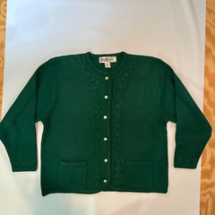 VTG Crystal Kobe Cardigan Sweater Women XL Green Embroidered Floral Gold Button