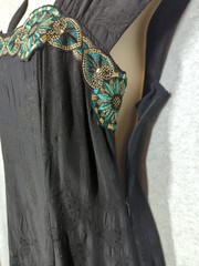 Vtg Carole Little Black Dress 6P Art Deco Coset Back Gold Turq Embroidery Boho