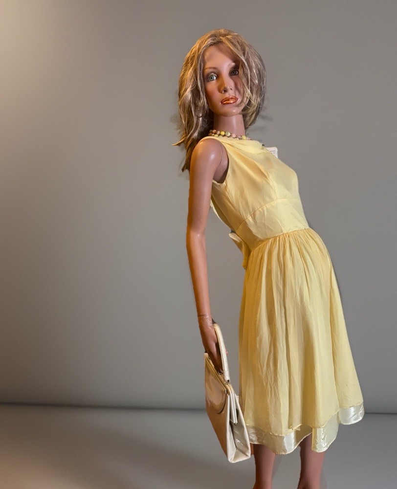 MCM Yellow Chiffon Mod Party Cocktail Dress Fitted Empire Waist/Full Skirt/Bow S