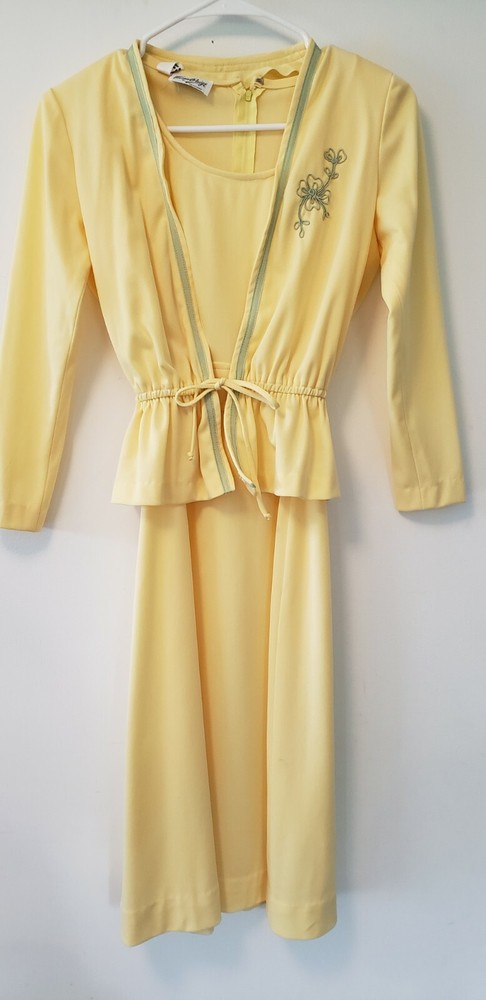 REAL Vintage 1960s Teena Paige Designer Dress Jacket Set YELLOW GREEN Flowers