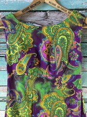 Vtg Karen Ann Hawaiian Maxi Psychedelic Print Bark Cloth Hostess Dress Neon