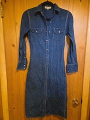 Vintage Calvin Klein Size 4 Collared Longsleeve Denim Western Dress 15″x41.5″