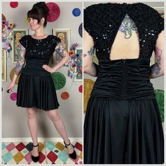 Vintage 1970s Black Sequins Ruched Open Back Disco Minidress – 26″-30″ Waist