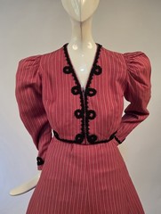 EARLY EDWARDIAN PINSTRIPED PINK CASHMERE BLEND 2 PC DRESS W BLACK SCROLLWORK