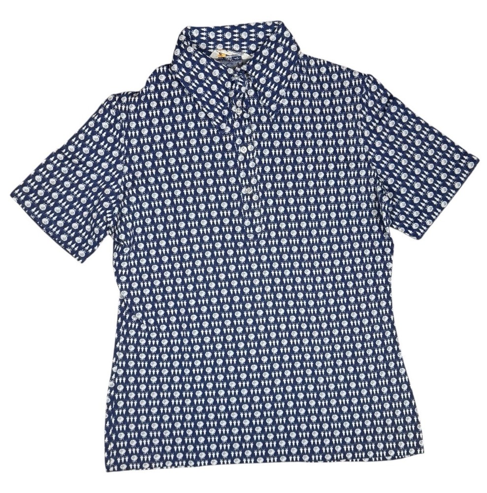 Vintage Eastmoor Mod Polo Shirt Womens 7/8 Blue White Geometric 60s 70s Retro