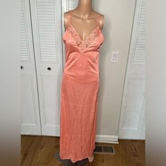 Vintage Nightgown Robe Set Womens 2 Piece Lace Trim Peach Coral 53in Length