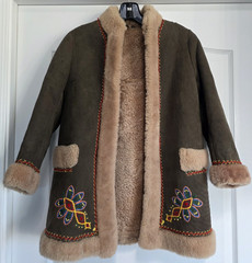 Vintage Shearling Coat Hippie Embroidered Sheepskin Suede Penny Lane Boho S XS